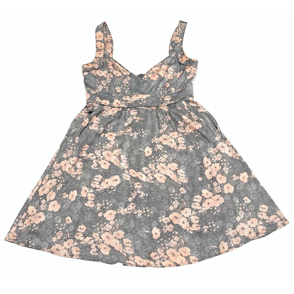 Marciano Floral Mini Dress Grey Peach V-Neck Sleeveless Empire Waist Pockets